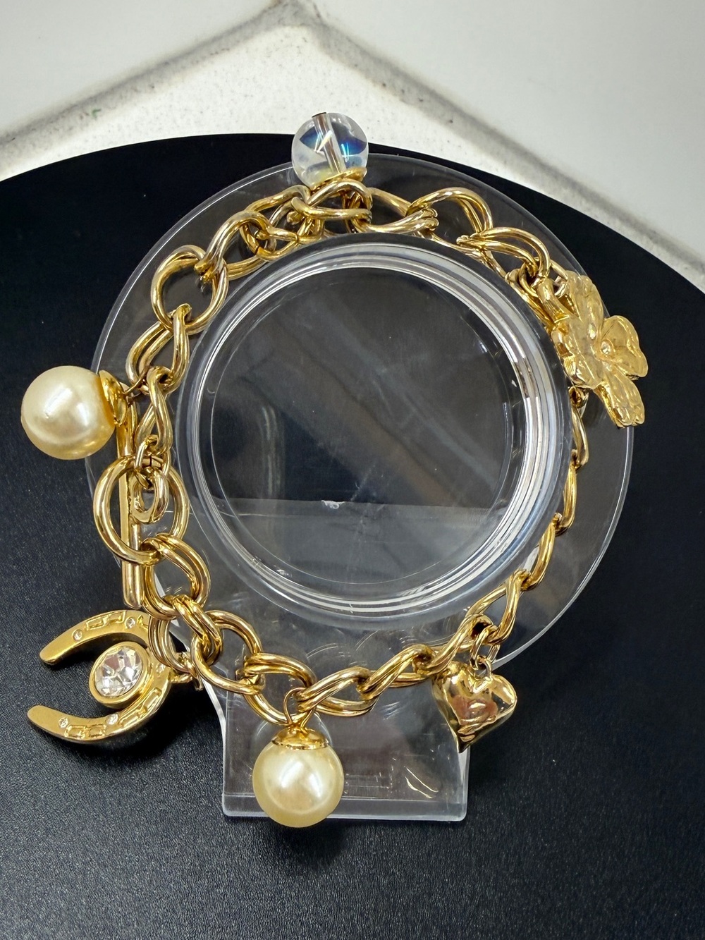 Gold-Tone Charm Bracelet with Pearl Drops